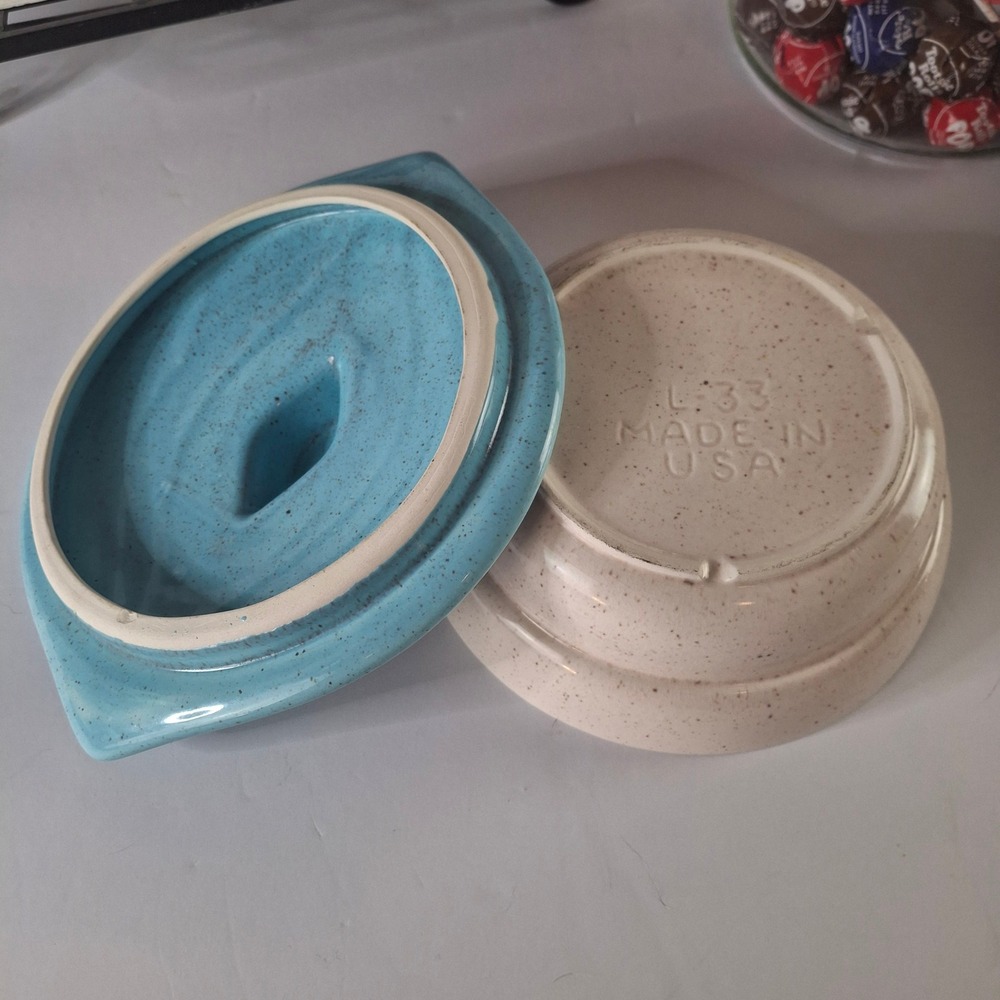 Vintage MCM L-33 USA Ceramic Leaf Chip and Dip Set Speckled Blue Cream 6 Pieces - Picture 6 of 9